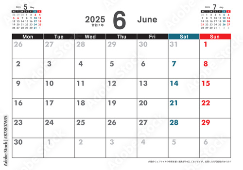月曜始まり卓上カレンダー令和6年 2024年6月　3ヶ月表示　カレンダー素材　テンプレート