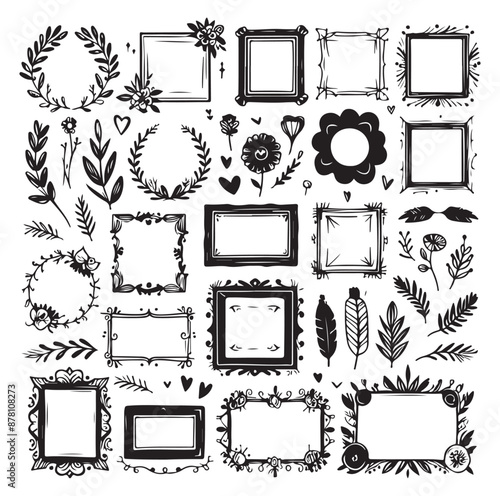 Set of nine ornate black and white frames silhouette vector