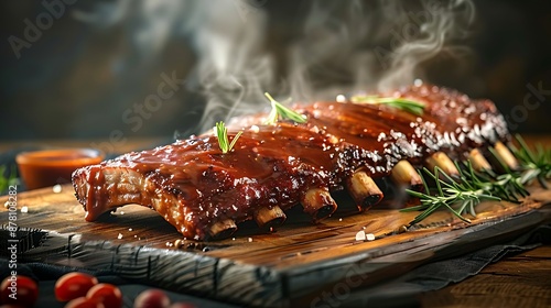 Succulent barbecue ribs on cutting board with steam rising