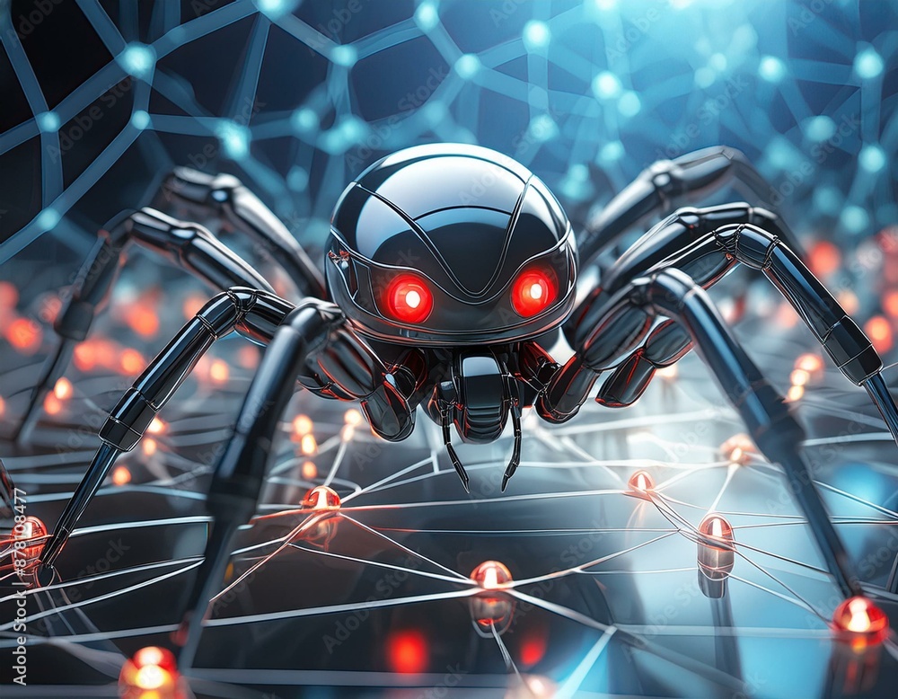 Fototapeta premium A close-up of a black spider mite on a network technology web, with selective focus and a blurred foreground, captured in macro detail. IT concept