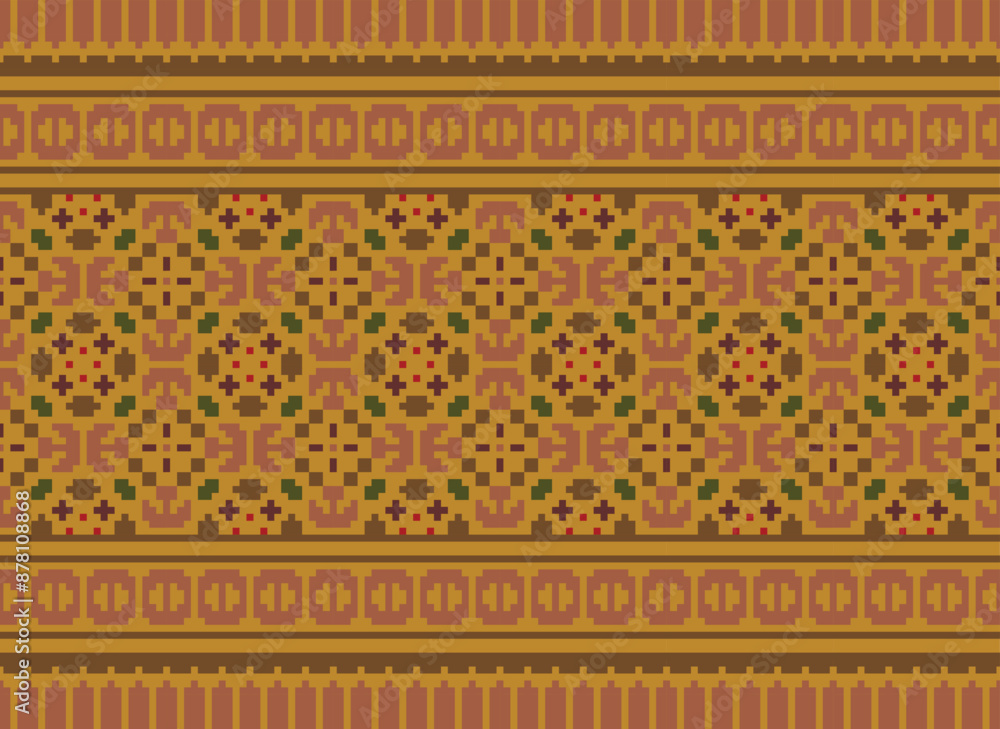 Traditional ethnic motifs ikat geometric fabric pattern cross stitch.Ikat embroidery Ethnic oriental Pixel brown background. Abstract,vector,illustration. Traditional ethnic motifs ikat geometric fabric pattern cross stitch.Ikat embroidery Ethnic oriental Pixel brown background. Abstract,vector,illustration.