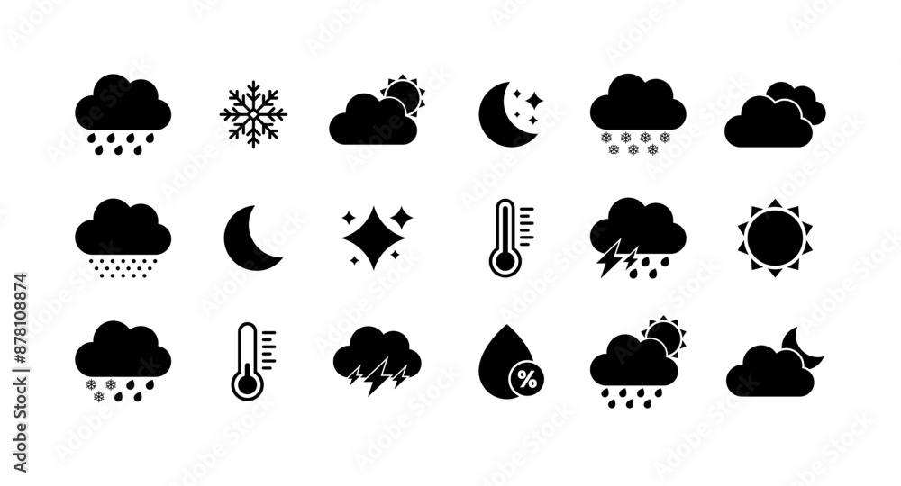 Weather icons collection. Silhouette style. Vector icons. Weather icons collection. Silhouette style. Vector icons.