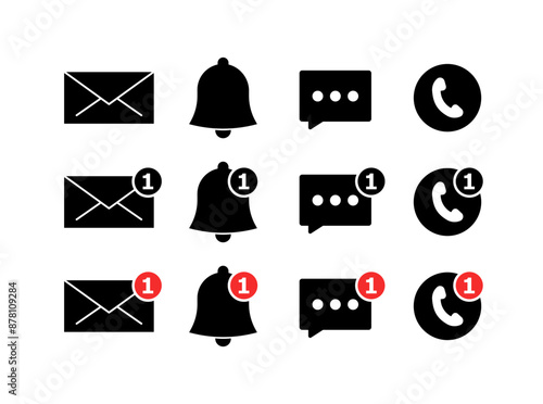 Social media set icons. Message, call, notification, mail icons. Silhouette style. Vector icons.