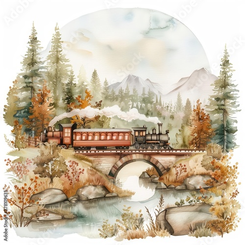 A watercolor painting of a timetraveling train crossing various landscapes from different eras photo