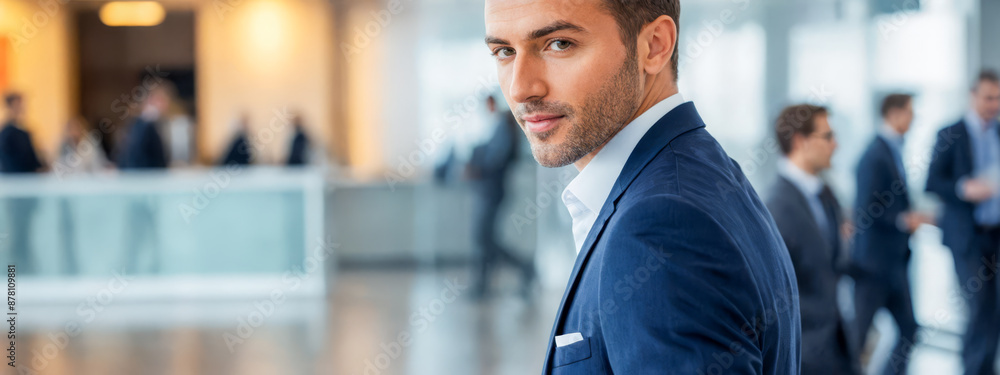 Businessman in blue suit stands in corporate lobby, blurred figures in background, leadership, professionalism, corporate environments Businessman in blue suit stands in corporate lobby, blurred figures in background, leadership, professionalism, corporate environments