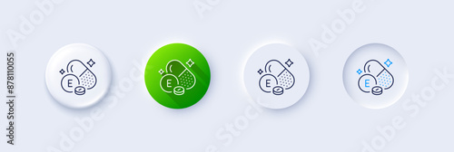 Vitamin E line icon. Neumorphic, Green gradient, 3d pin buttons. Tocopherols food nutrient sign. Capsule or pill supplement symbol. Line icons. Neumorphic buttons with outline signs. Vector