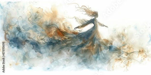 A watercolor painting of a sylph wind spirit dancing through the clouds photo