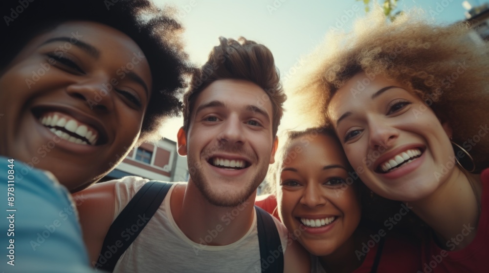 A group of friends smiling and taking a selfie together A group of friends smiling and taking a selfie together