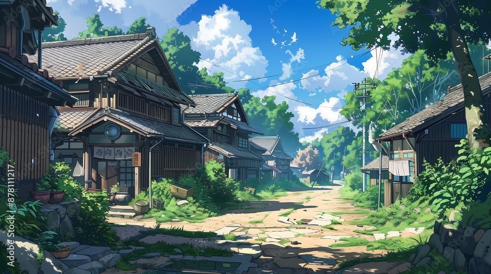 Fototapeta premium village landscape anime style