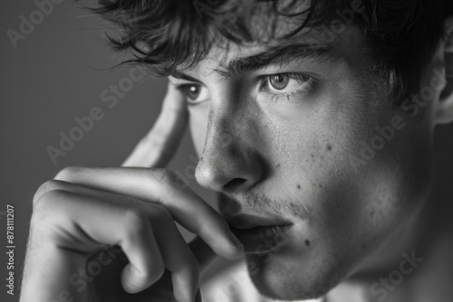 A close-up shot of a person's hand and face, with the index finger pressed against the tip of their nose © vefimov