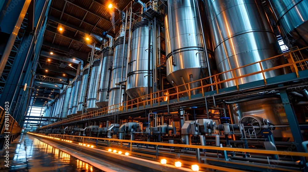 A large industrial building with many tanks and pipes A large industrial building with many tanks and pipes