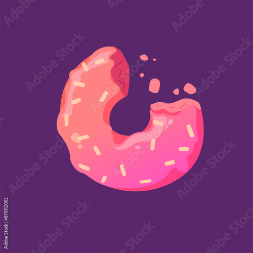 The round donut is lying. A pink nibbled donut with icing. Sweet food. Pastry pastry.