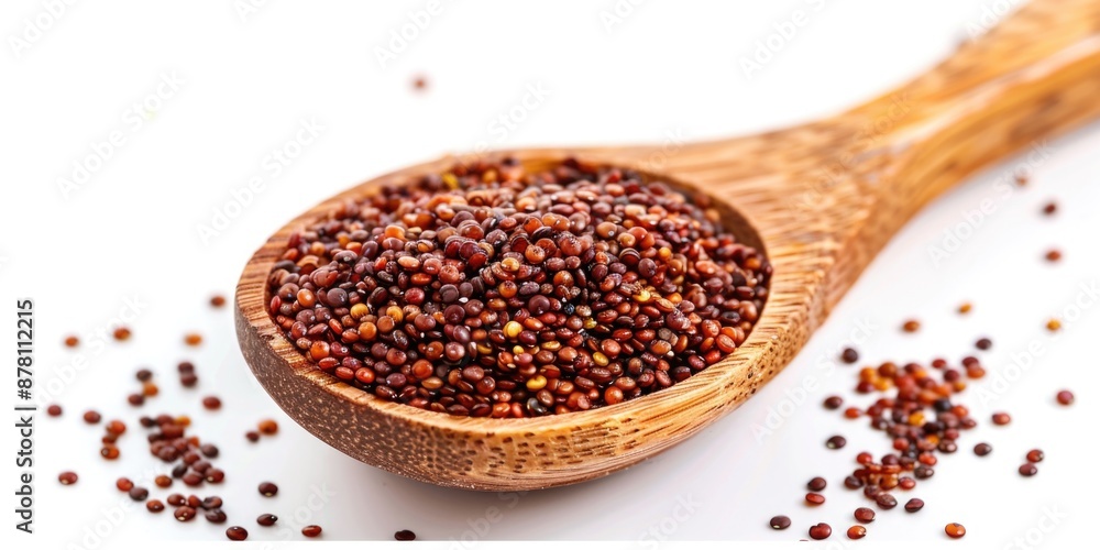 A wooden spoon filled with seeds on a white surface, perfect for use in food or kitchen themed designs A wooden spoon filled with seeds on a white surface, perfect for use in food or kitchen themed designs