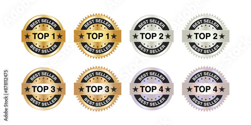 Top One, Second, Third, and Fourth. One Best Seller Vector Label in Gold, Silver, Bronze and Platinum Colours. Suitable for Icon, Logo, Sticker, Seal, Badge, Emblem, Stamp, and More. Vector.