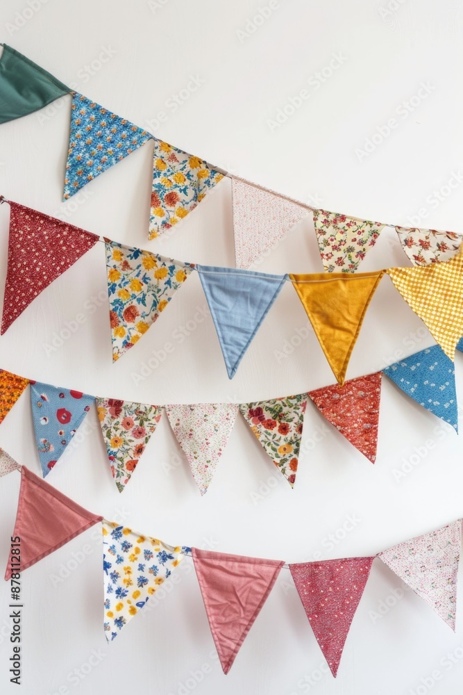 A collection of vibrant bunting flags hung on a wall for decoration or celebration A collection of vibrant bunting flags hung on a wall for decoration or celebration