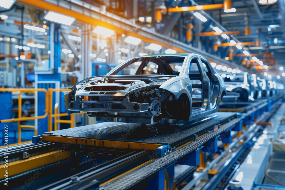 High-tech car manufacturing with neon lights and holographic screens High-tech car manufacturing with neon lights and holographic screens