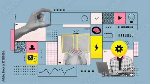 Contemporary art collage. Infographics design. Reading, literature lessons. Concept of education, creativity, study, homework, e-learning. Retro style. Poster and ad. Vector illustration