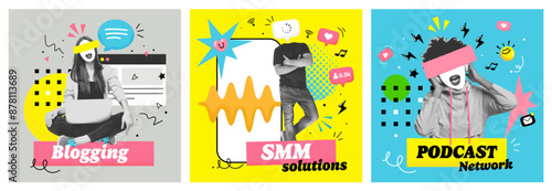 Set of social media posts of diverse people, active users or bloggers, influencers creating selling content, sharing with their followers, with like, comment, save icons below. Art collage, Modern art