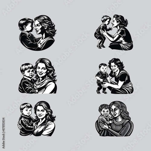 Vector silhouette art featuring mothers engaging in various playful activities with their children 