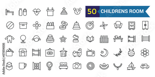 Childrens room icons set. Outline set of childrens room vector icons for ui design. Outline icon collection. Editable stroke.