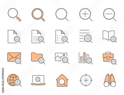 Search line icons set. Zoom, find document, magnify glass symbol, look tool, binoculars minimal vector illustrations. Simple flat outline signs for web interface. Orange color. Editable Strokes