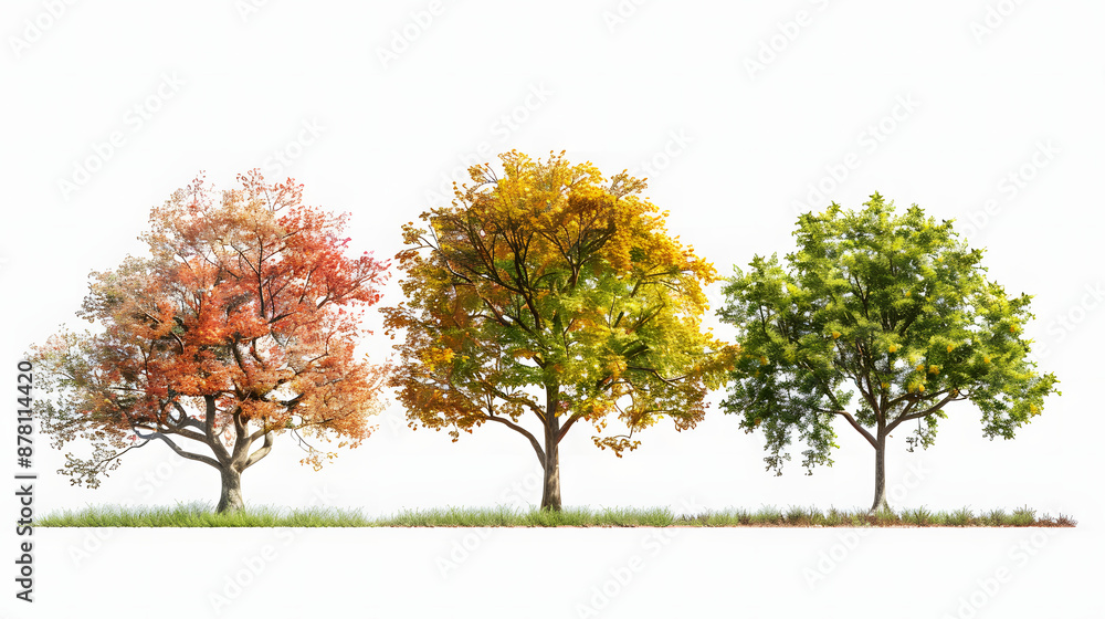 Seasonal changes in a tree's growth, from spring sapling to summer young tree to autumn mature tree. Seasonal changes in a tree's growth, from spring sapling to summer young tree to autumn mature tree.