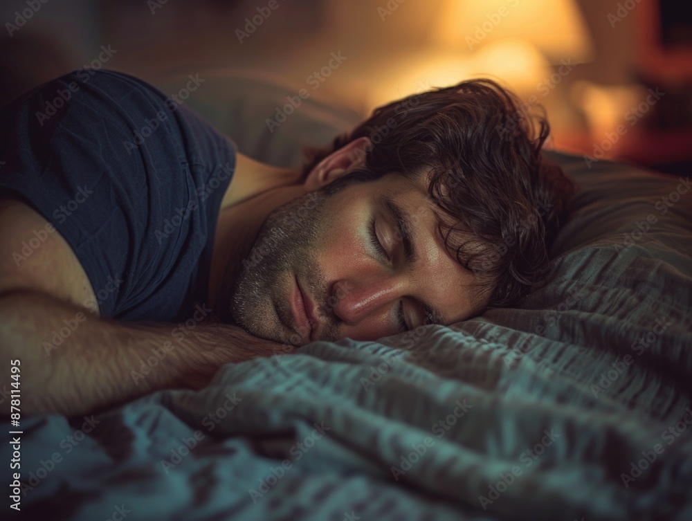 A person lying down on a bed with their eyes shut, possibly resting or sleeping A person lying down on a bed with their eyes shut, possibly resting or sleeping