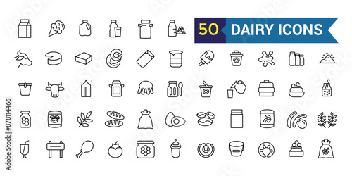 Dairy icons set. Outline set of dairy vector icons for ui design. Outline icon collection. Editable stroke.