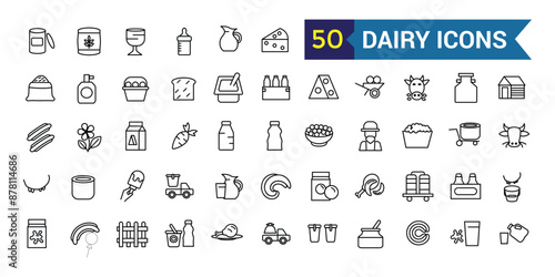 Dairy icons set. Outline set of dairy vector icons for ui design. Outline icon collection. Editable stroke.