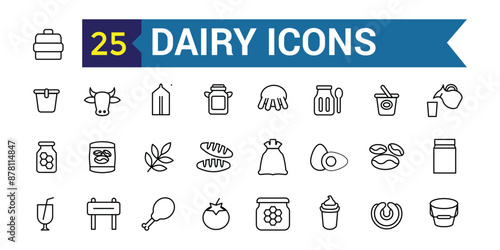 Dairy icons set. Outline set of dairy vector icons for ui design. Outline icon collection. Editable stroke.