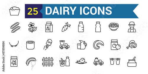 Dairy icons set. Outline set of dairy vector icons for ui design. Outline icon collection. Editable stroke.