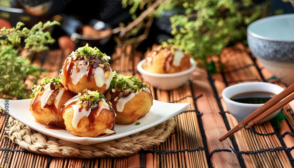 Takoyaki - Japanese Cuisine and Street Food - Octopus Dough Balls - Grilled Takoyaki presented in a Tasteful way with Mayonaise, Green Onions and Worcester Sauce Takoyaki - Japanese Cuisine and Street Food - Octopus Dough Balls - Grilled Takoyaki presented in a Tasteful way with Mayonaise, Green Onions and Worcester Sauce