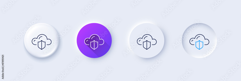 Cloud computing protection line icon. Neumorphic, Purple gradient, 3d pin buttons. Internet data storage sign. File hosting technology symbol. Line icons. Neumorphic buttons with outline signs. Vector Cloud computing protection line icon. Neumorphic, Purple gradient, 3d pin buttons. Internet data storage sign. File hosting technology symbol. Line icons. Neumorphic buttons with outline signs. Vector