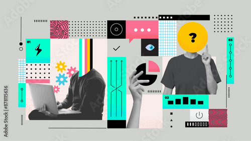 Halftone collage in bright colours. Data analytics or marketing seo optimization illustration concept with abstract infographics tabs and graphs. Vector illustration