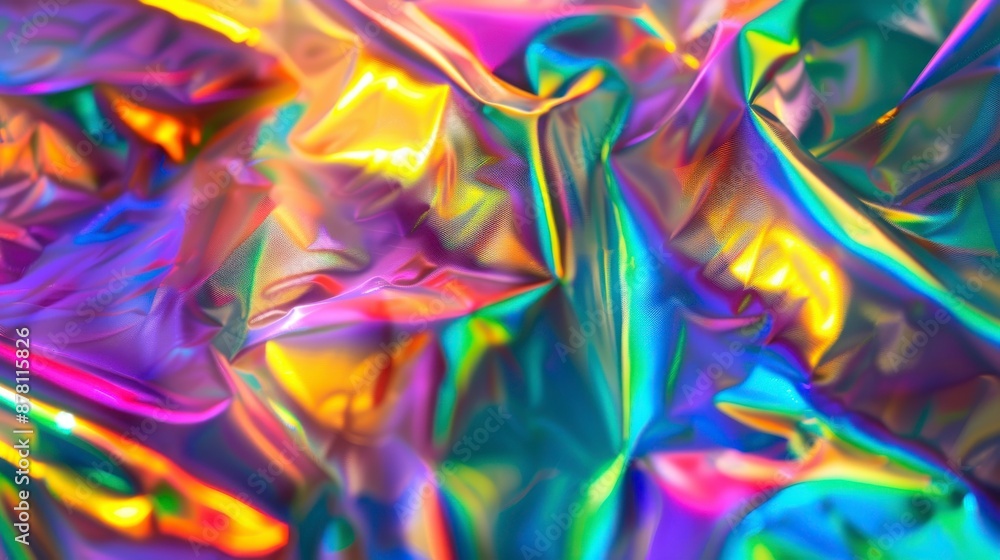Crumpled iridescent material shimmers with rainbow colors Crumpled iridescent material shimmers with rainbow colors