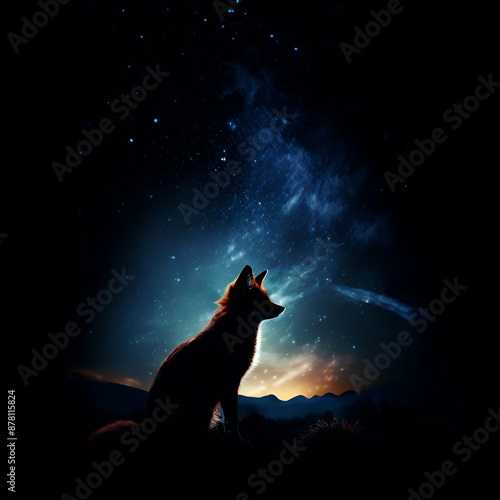 Fox Sitting in Front of a Starry Night Sky
