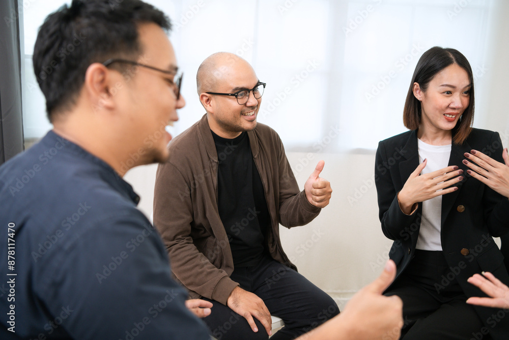 Women and men gather in groups to talk with their therapists and discuss different aspects of their lives, to come up with ideas for support and recovery. Join hands in a circle to unite as one. Women and men gather in groups to talk with their therapists and discuss different aspects of their lives, to come up with ideas for support and recovery. Join hands in a circle to unite as one.