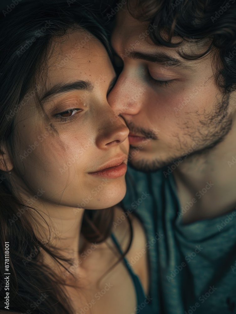 A romantic scene of two people sharing a kiss, lost in the moment A romantic scene of two people sharing a kiss, lost in the moment