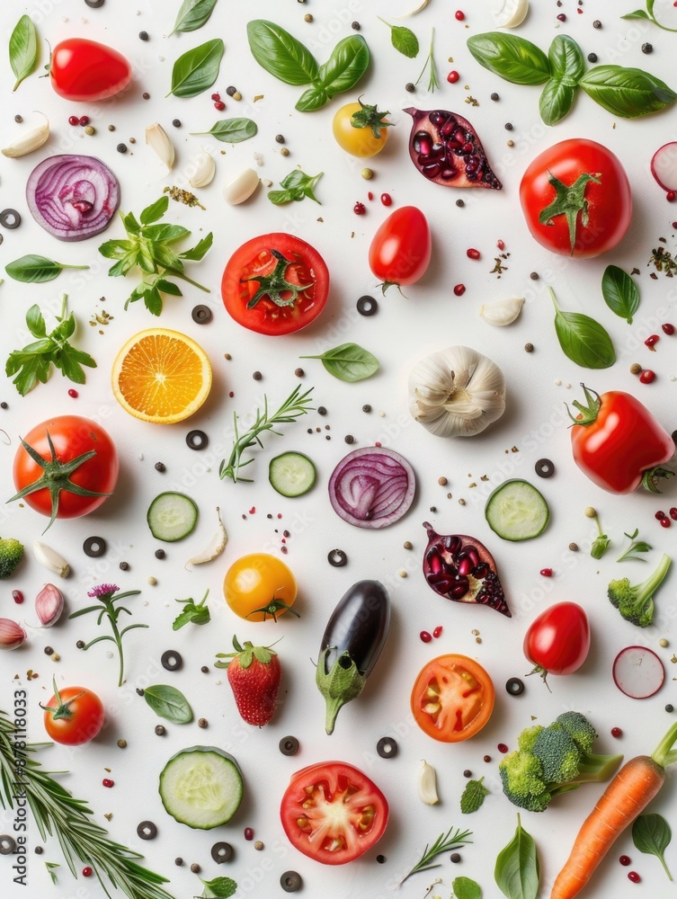 A selection of fresh vegetables arranged on a white surface A selection of fresh vegetables arranged on a white surface