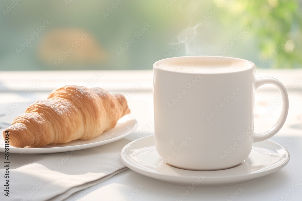 White blank mug with croissants on the white table White blank mug with croissants on the white table