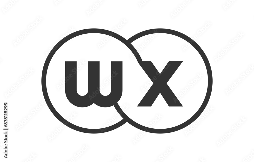 WX business company emblem with outline rounds and letters w x. Logo template of two merged circles for brand identity, logotype. Vector Infinity symbol WX business company emblem with outline rounds and letters w x. Logo template of two merged circles for brand identity, logotype. Vector Infinity symbol