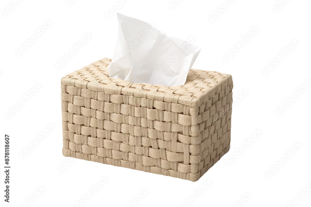 Obraz premium Woven wicker tissue box cover with white tissues, beige basket weave home decor accessory for bathroom and bedroom isolated on Transparent Background