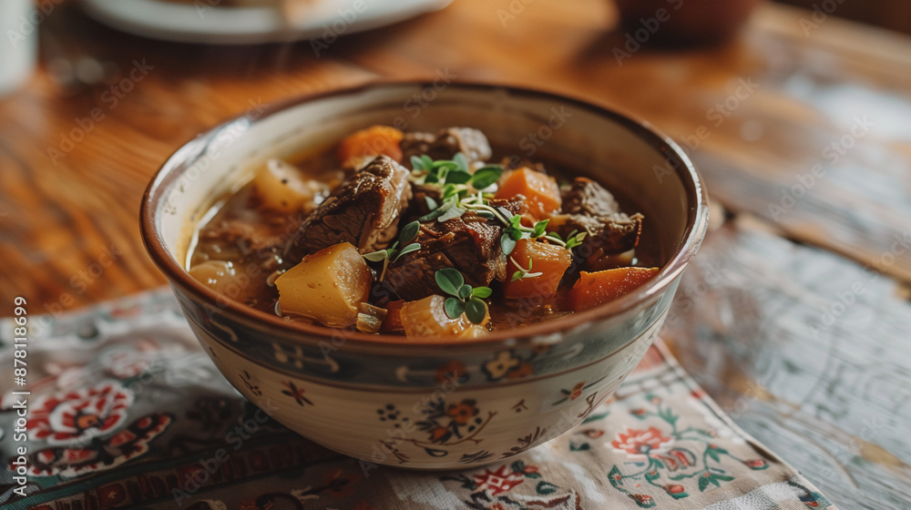 a bowl of hearty beef stew, made from a century-old family recipe, served in a ceramic bowl on a wooden table with a faded, hand-embroidered tablecloth a bowl of hearty beef stew, made from a century-old family recipe, served in a ceramic bowl on a wooden table with a faded, hand-embroidered tablecloth