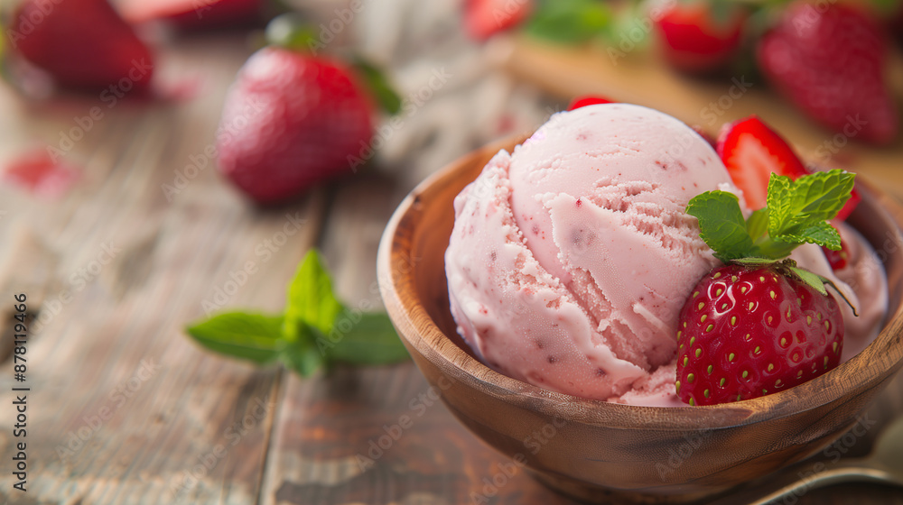 a scoop of homemade strawberry ice cream in a rustic bowl, garnished with fresh strawberries and mint leaves, set against a wooden table backdrop