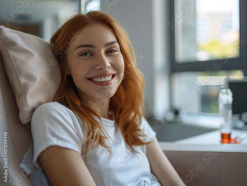 A woman with bright red hair sits comfortably in a chair, perfect for editorial or lifestyle use