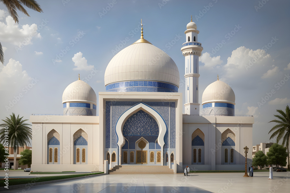 Obraz premium This Mosque is majestic dome roof and towering minarets against the backdrop of a clear blue sky and fluffy clouds create a truly awe-inspiring sight. #MosqueBeauty