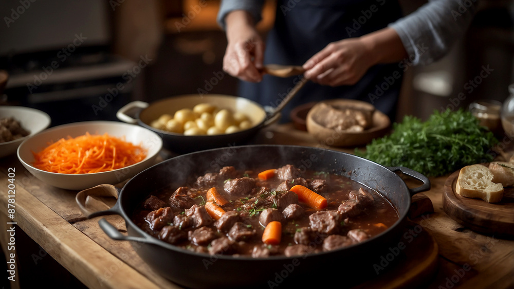 Preparation in a Rustic Kitchen Film the preparation of Boeuf Bourguignon in a cozy, rustic kitchen. Capture the slow simmering of beef chunks in red wine, the addition of aromatic vegetables like Preparation in a Rustic Kitchen Film the preparation of Boeuf Bourguignon in a cozy, rustic kitchen. Capture the slow simmering of beef chunks in red wine, the addition of aromatic vegetables like