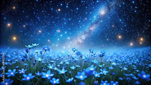 a field of small luminous blue flowers under the night starry sky, blue, small, field, starry, luminous photo