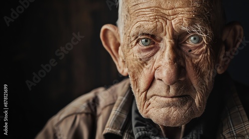A close-up portrait of an elderly man with wrinkles and piercing blue eyes.
