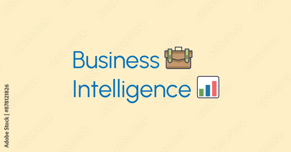Obraz premium Business Intelligence text with briefcase and bar chart emojis on a beige background.